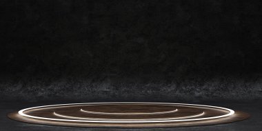 Dairesel neon ışıklı podyum lazer ışığı ve dairesel neon ışığı. Dairesel modern teknoloji arka planları ve duvarlar 3 boyutlu illüstrasyon.