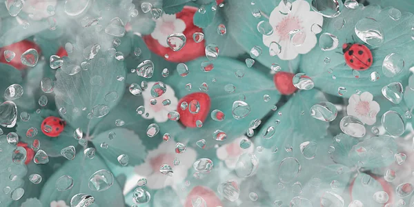 water droplets on glass water droplets on glass after rain Strawberry tree background 3d illustration