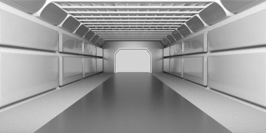 Bilimkurgu tünel koridoru Fütürist Teknoloji Neon Parıltısı Karanlık Uzay Gemisi Odası Boş Tünel 3D Görüntü