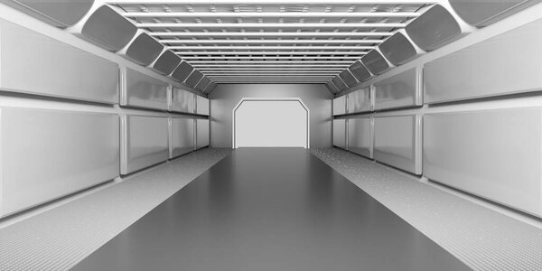 Научно-фантастический туннельный коридор Футуристическая технология Неоновое свечение Темный коридор Комната космического корабля Пустой тоннель 3D Иллюстрация