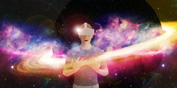 Vr眼镜用户通过Ar眼镜学习科学 研究恒星和宇宙虚拟世界三维模拟图解 — 图库照片