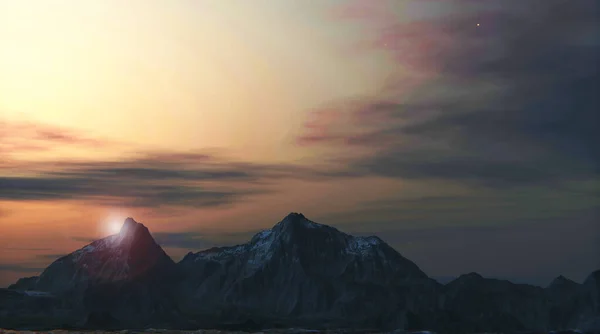 黄昏时分的落日在山上 天空是橙色的三维插图 — 图库照片