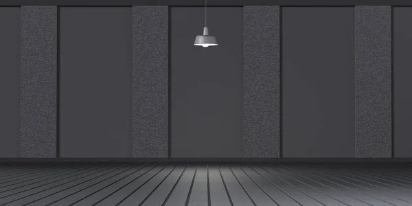 空の部屋背景スラット木製の床のインテリアと壁の暗いトーン3Dイラスト — ストック写真