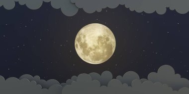 Gece gökyüzü sahnesi Ay 'ı ve yıldızları bulutlandırır. Kağıt, sanatı 3 boyutlu olarak keser.