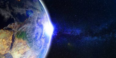 Dünya ufku yıldız kozmosu parlıyor uzay 3 boyutlu illüstrasyon