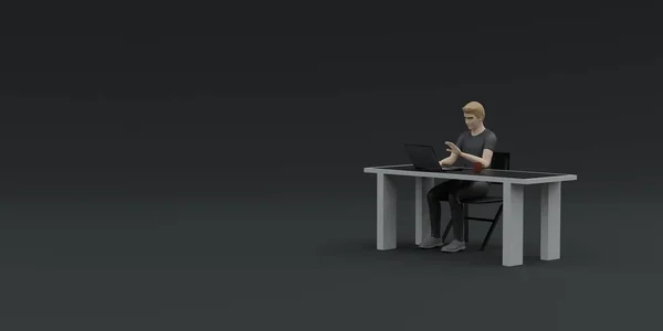 ノートとコンピューターの3Dイラストでテーブルの上に座っている男は — ストック写真