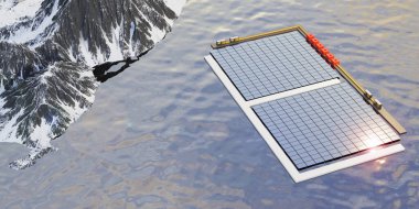 yüzen güneş paneli güneş istasyonu baraj hava görüntüsü su üzerindeki güneş hücreleri 3d illüstrasyon