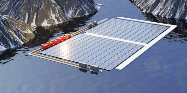 水上の太陽電池パネルダムの空中ビューの太陽電池3Dイラスト — ストック写真