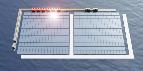 浮动太阳能电池板太阳能站在大坝航景太阳能电池组水面三维图解 — 图库照片
