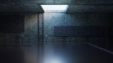 Terk edilmiş depo sahnesi beton zemin eski beton duvar harap olmuş oda arka planı 3 boyutlu illüstrasyon