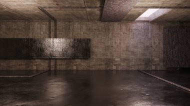 Terk edilmiş depo sahnesi beton zemin eski beton duvar harap olmuş oda arka planı 3 boyutlu illüstrasyon