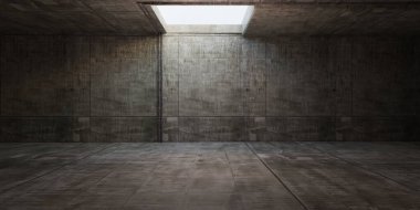 Terk edilmiş depo sahnesi beton zemin eski beton duvar harap olmuş oda arka planı 3 boyutlu illüstrasyon