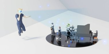 Metaverse Sanal Gerçeklik VR Gözlükleri Metaverse konser avatarları ve AR gözlükleri 3D illüstrasyon aracılığıyla online müzik performansları