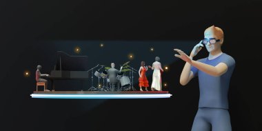 Metaverse Sanal Gerçeklik VR Gözlükleri Metaverse konser avatarları ve AR gözlükleri 3D illüstrasyon aracılığıyla online müzik performansları