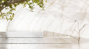 mermer raf mermer raf raf raf raf lüks raf ağaç silueti arka planda yansıyan iç tasarım 3d illüstrasyon güneş ışığı