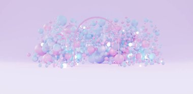 Pastel palette, arka plan desenli pastel renkli toplar açık renkli boncuklar pembe ve mavi 3D çizimler.
