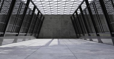 Açık Alan Beton duvarları ve zeminleri olan çok amaçlı sergi odası geniş beton zemin arkaplanı gündüz vakti mimari zemin 3 boyutlu illüstrasyon