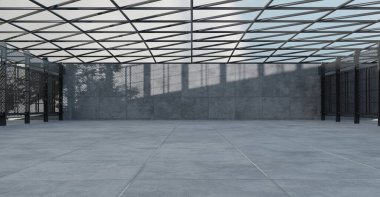 Açık Alan Beton duvarları ve zeminleri olan çok amaçlı sergi odası geniş beton zemin arkaplanı gündüz vakti mimari zemin 3 boyutlu illüstrasyon