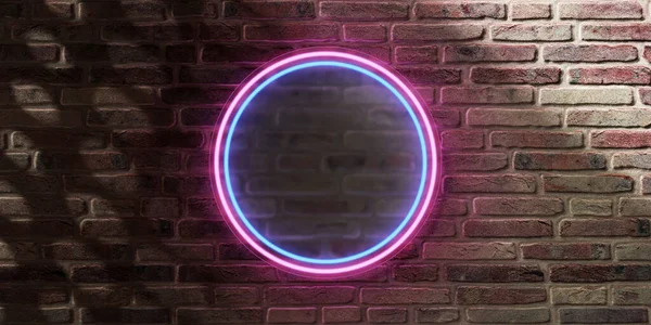 Baksteen Muur Neon Teken Frame Cirkel Teken Neon Licht Cement — Stockfoto