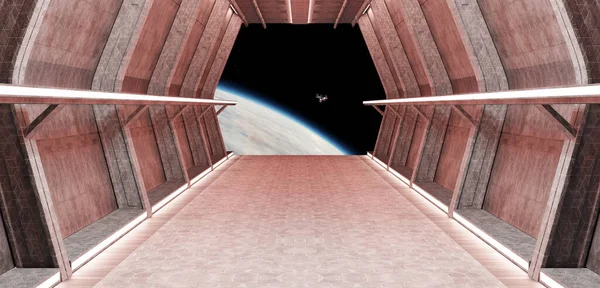 滑走路宇宙船 宇宙ステーション発射管未来宇宙とSf廊下部屋ビームトンネル現代未来的なショールームと技術3Dイラスト — ストック写真