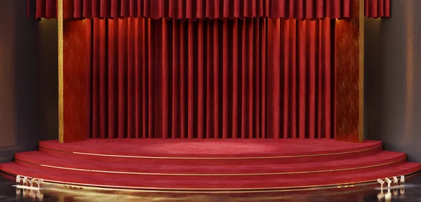Teatro Com Cortinas Vermelhas Holofotes Palco Levantado Vermelho Alcatifado Com — Fotografia de Stock