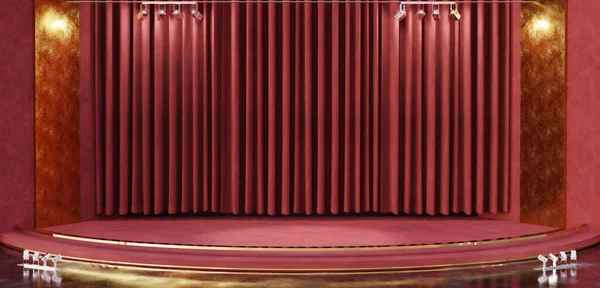 Sahne Işıkları Kırmızı Perdeleri Olan Tiyatro Altın Kenarlı Halı Sahne — Stok fotoğraf