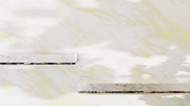 mermer raf raf rafı depolama, duvara monte edilmiş lüks raf ağaç silueti arka plandan yansıyan iç tasarım Sunlight 3D illüstrasyon