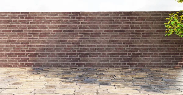Backsteinmauer Steinmauer Steinboden Kiesboden Hintergrund Sonnenlicht Und Baumschatten Rendering — Stockfoto