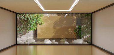 Açık hava Japon odası Gölet ve Zen bahçesi zemin ve duvarlar ahşap Japon bahçe süslemesi ve güneş gölgesi 3 boyutlu resimden yapılmıştır.