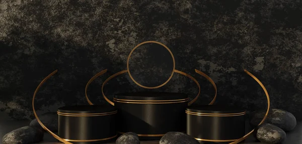 黄金のリングと黒の石の表彰台製品プレゼンテーションのための黒い葉の影と黒の円筒表彰台幾何学的なプラットフォームのステージ3Dイラスト — ストック写真
