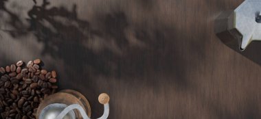 El yapımı kahve öğütücüsüyle Moka demliği kahve çekirdekleri kahve kahve kahve malzemelerini ahşap masaya serer kahve malzemelerini eski bir fincan İtalyan geleneksel kahve makinesiyle ahşap arka planda 3 boyutlu bir illüstrasyonla sade kahve yapar.