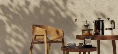 Kafe Kahve ekipmanları ahşap masa üzerinde Sade kahve antika fincanda geleneksel kahve makinesi ahşap arka planda Moka demlik 3D illüstrasyon