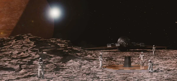 An astronaut walks on the star surface new planet Exploration of the future space base Space exploration mission and the Red Planet colony on Mars 3D rendering