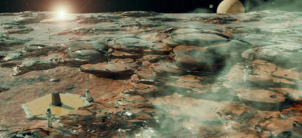 宇宙飛行士が星の表面を歩く新しい惑星将来の宇宙基地の探査宇宙探査ミッションと火星の赤い惑星コロニー3Dレンダリング — ストック写真