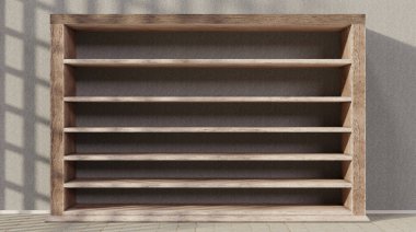 Odadaki raflar zemin ve duvar ekranında odanın ortasına yerleştirilmiş boş bir kitaplık vardı.