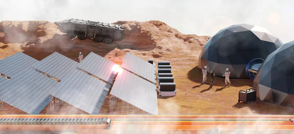 地球外太陽光発電所火星表面の太陽電池惑星表面の宇宙飛行士宇宙基地探査ミッションと火星3Dイラストの植民地化 — ストック写真