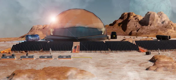Εξωγήινος Σταθμός Ηλιακής Ενέργειας Ηλιακά Κύτταρα Στην Επιφάνεια Του Άρη — Φωτογραφία Αρχείου