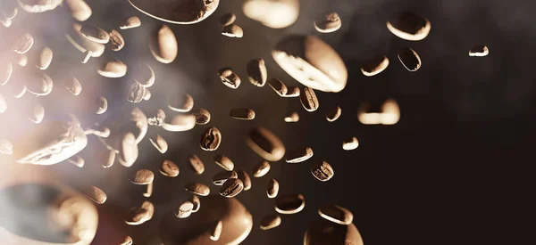 空気中に浮かぶ焙煎コーヒー豆煙と火で焙煎コーヒーアラビカロブスタ3Dイラスト — ストック写真
