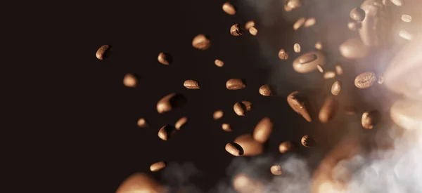 空気中に浮かぶ焙煎コーヒー豆煙と火で焙煎コーヒーアラビカロブスタ3Dイラスト — ストック写真