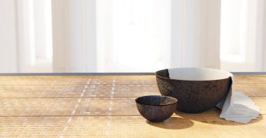 Boş bir tabakta boş bir kase boş bardaklar ve tabak yemek masası arka planında yemek masası arkaplanı 3 boyutlu illüstrasyon