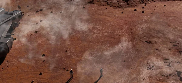 宇宙探査ミッションと惑星 宇宙飛行士は 星表面に新しい惑星未来宇宙基地探査赤い惑星を歩いています 火星3Dレンダリングのコロニー — ストック写真