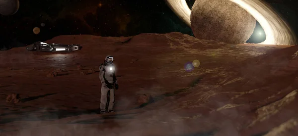太空探索任务和行星一位宇航员在新行星表面行走 探索红色星球 火星上的殖民地3D渲染 — 图库照片