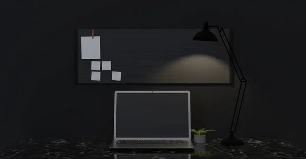 Темний Стіл Домашній Офіс Мінімалістичний Стиль Канцелярська Лампа Нотатка Папір — стокове фото