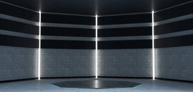 Çokgen sahne altıgen kubbe büyük salon neon ışıklar ve lazerler Sekizgen podyum Modern 3d illüstrasyon