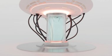 Kriyojenik kapsül uyku kapsülü Kriyojenik Kapsüller Cam tüp ile donmuş sıvı ile hibernasyon bilim ışınlama teknolojisi kriyopod 3D Illustration Cryopod Kriyopod Laboratuvarı Ekran Sahnesi