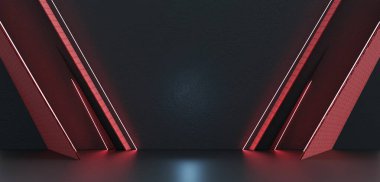 Podyum lazer ürün desteği koyu renk ürün lazer odası zemin ve duvar ışıkları stüdyo boş sahne 3D illüstrasyon