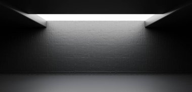 Depo sahnesi modern teknoloji odası çimento zemin beton duvar garaj odası arka plan 3 boyutlu illüstrasyon