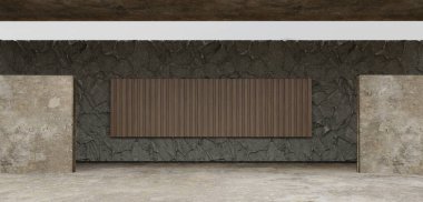 Beton zemin ahşap ahşap garaj sahnesi modern sergi arka planı 3 boyutlu illüstrasyon