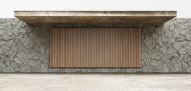 Beton zemin ahşap ahşap garaj sahnesi modern sergi arka planı 3 boyutlu illüstrasyon