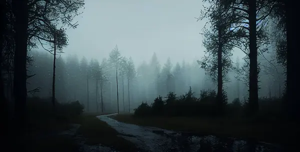 Yağmurlu bir günde ormanın içindeki yol ıssız kırsal alanlarda gizemlidir.